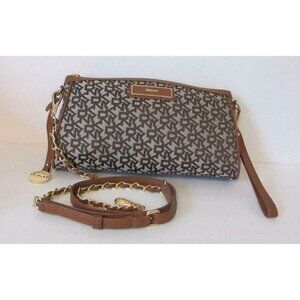 DKNY Heritage canvas logo chino walnut tan purse gold Donna Karan clutch brown